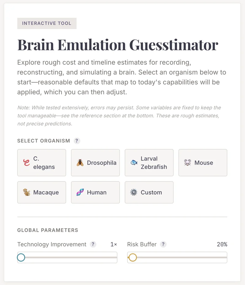 Brain Emulation Guesstimator interface